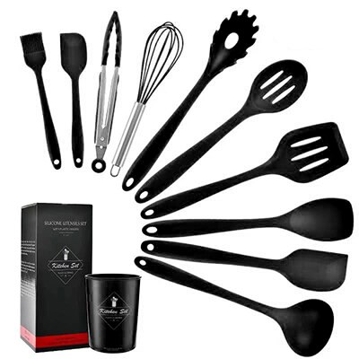 Ustensiles de cuisine en silicone, pelle, cuillère, ustensiles de cuisine, ustensiles de cuisine, ensemble  of 10  of 10 ustensiles de cuisine antiadhésifs: Noir