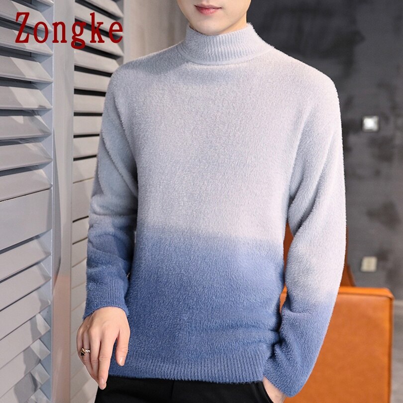 Zongke gradient färg turtleneck herr pullover turtle neck herrkläder ull herrtröja stickad m -3xl höst: Påfågelsblå / Xxxl
