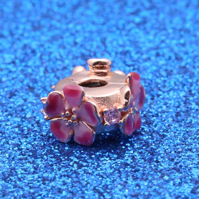 Genuine 925 Sterling Silver Bead Charm Rose Peach Blossom Flower Clip Stopper Beads Fit Pan Bracelet & Necklace Diy Jewelry