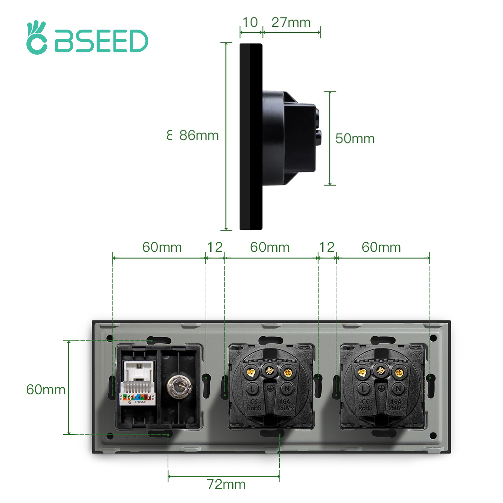 BSEED TV CAT5 With EU Socket Double Wall Sockets TV Internet RJ45 PC Connections Type-c USB Electric Sockets Glass Frame