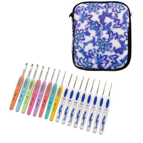 QZLKNIT 16 unids/set 1,0-6,0mm, mango de plástico clásico, conjunto de ganchillo de aluminio con bolsa, herramientas de costura de aguja de tejer DIY: Blue set