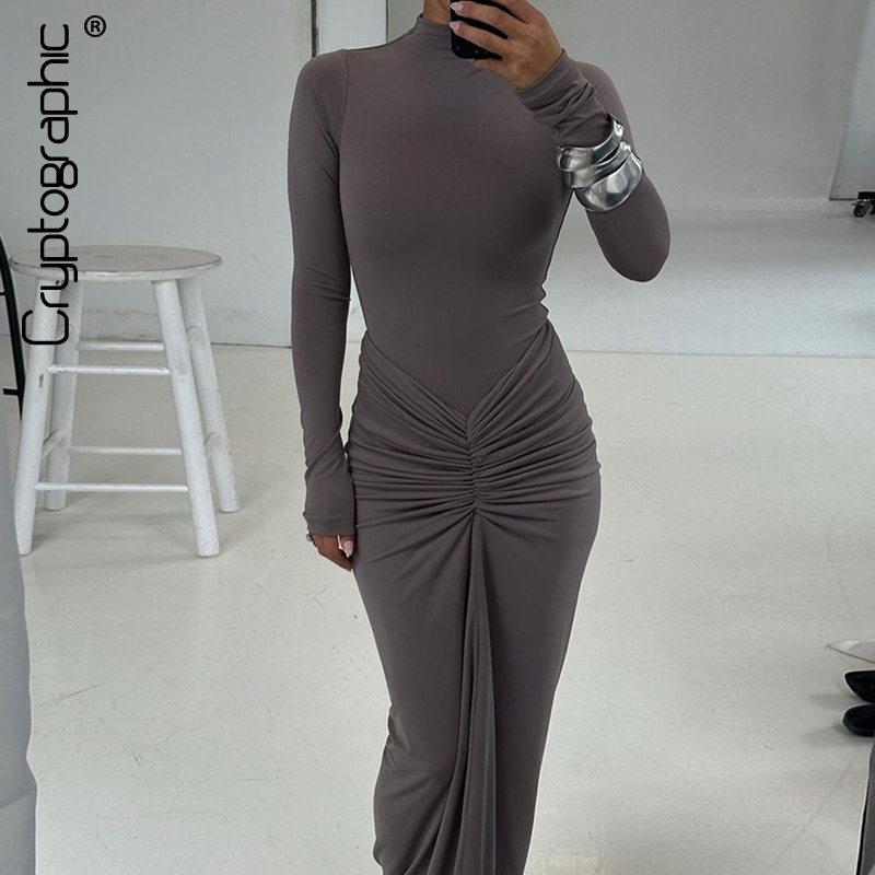 Kryptografisk langærmet sexet bodycon maxikjole outfits klubfest ensfarvet efterårskjoler vestido fødselsdagstøj