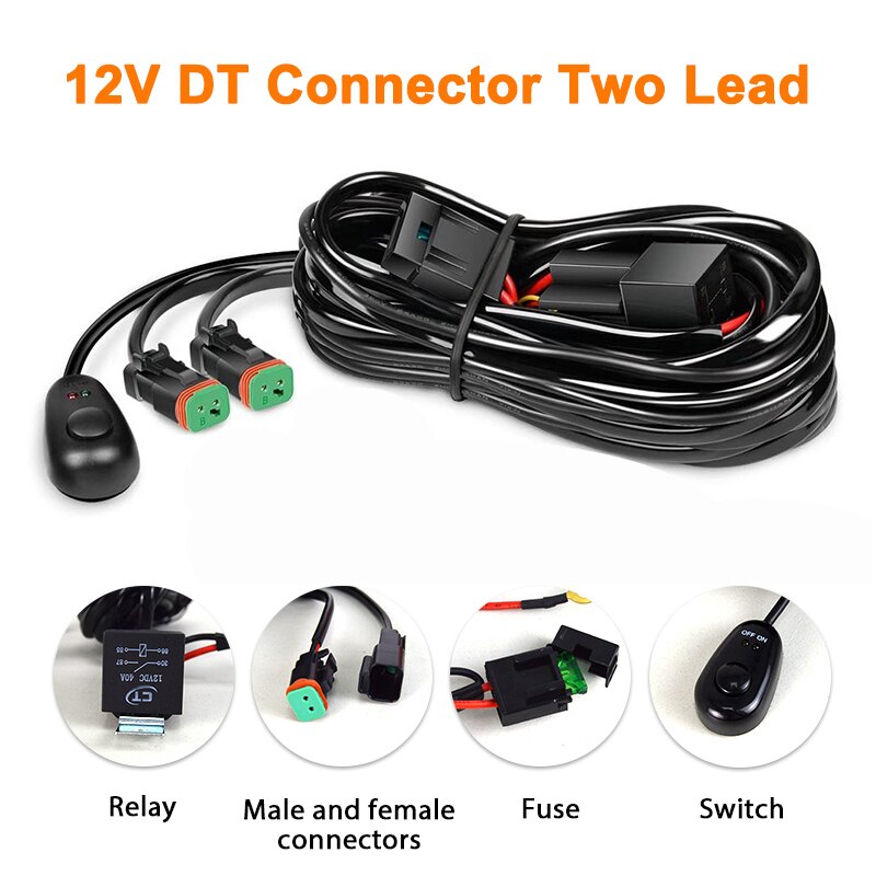 Willpower Car LED Light Bar Wire 3M 12V 40A Relay Fuse Wiring Harness Relay Loom Cable Kit for Auto Driving Offroad Work Lamp: 12V DT 2 Lead
