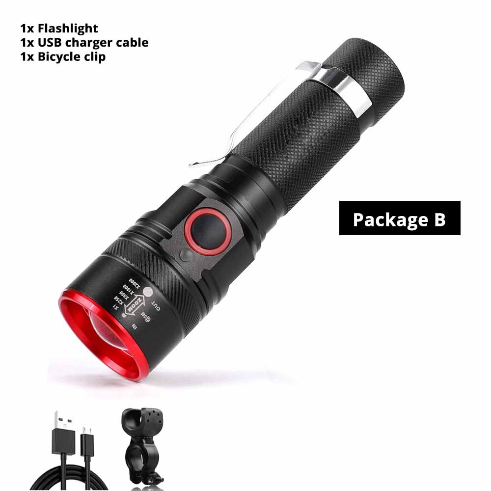 USB Charging LED Bicycle Light 3 Lighting Mode Zoomable Waterproof Portable Torch Powered By 18650 Battery with Free USB Cable: Package B