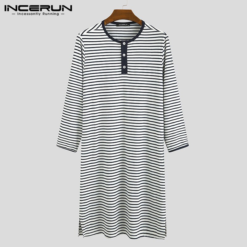 INCERUN Men Homewear Nightclothes Men Striped Sleep Tops Long Sleeve Round Neck Loose Nightgrown Casual Comfortable Sleepwear