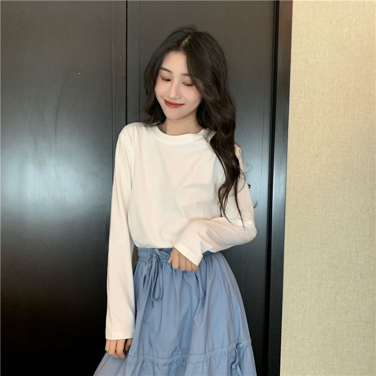 Lange Mouwen T-shirts Vrouwen Solid Simple Basic Casual Mode Ulzzang Studenten O-hals 2XL Zachte Streetwear: regular-white / S