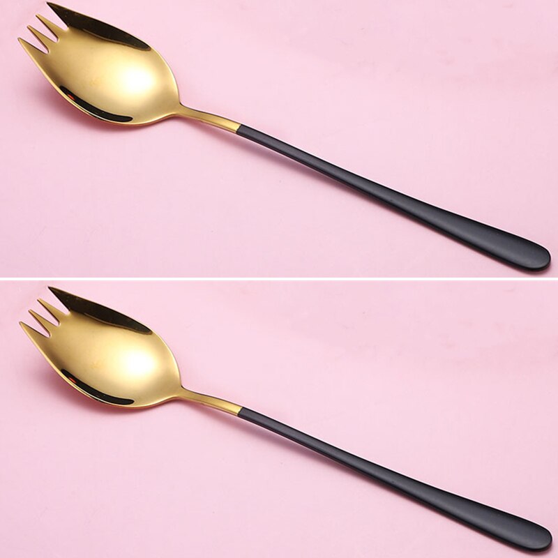 2Pcs Fork Spoon 2 In 1 Multi-function Camping Tableware Stainless Steel Cutlery Salad Spoons Unique Spoons Gold Dessert Spoon: 2pcs Black gold