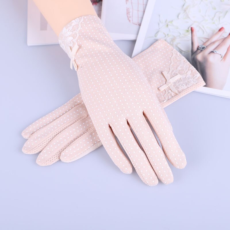 Neue Baumwolle handschuhe Nicht-Unterhose Atmungsaktive Damen Handschuhe Stelle Sommer Dünne UV Sonnenschutz Handschuhe treibende handschuhe: Spitze Bogen Beige