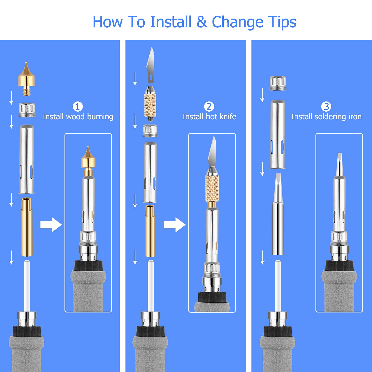 62Pcs 60W Wood Burning Kit Carving Pyrography Pen Kit Adjustable Temperature Soldering Iron Welding Wood Embossing Burning Set