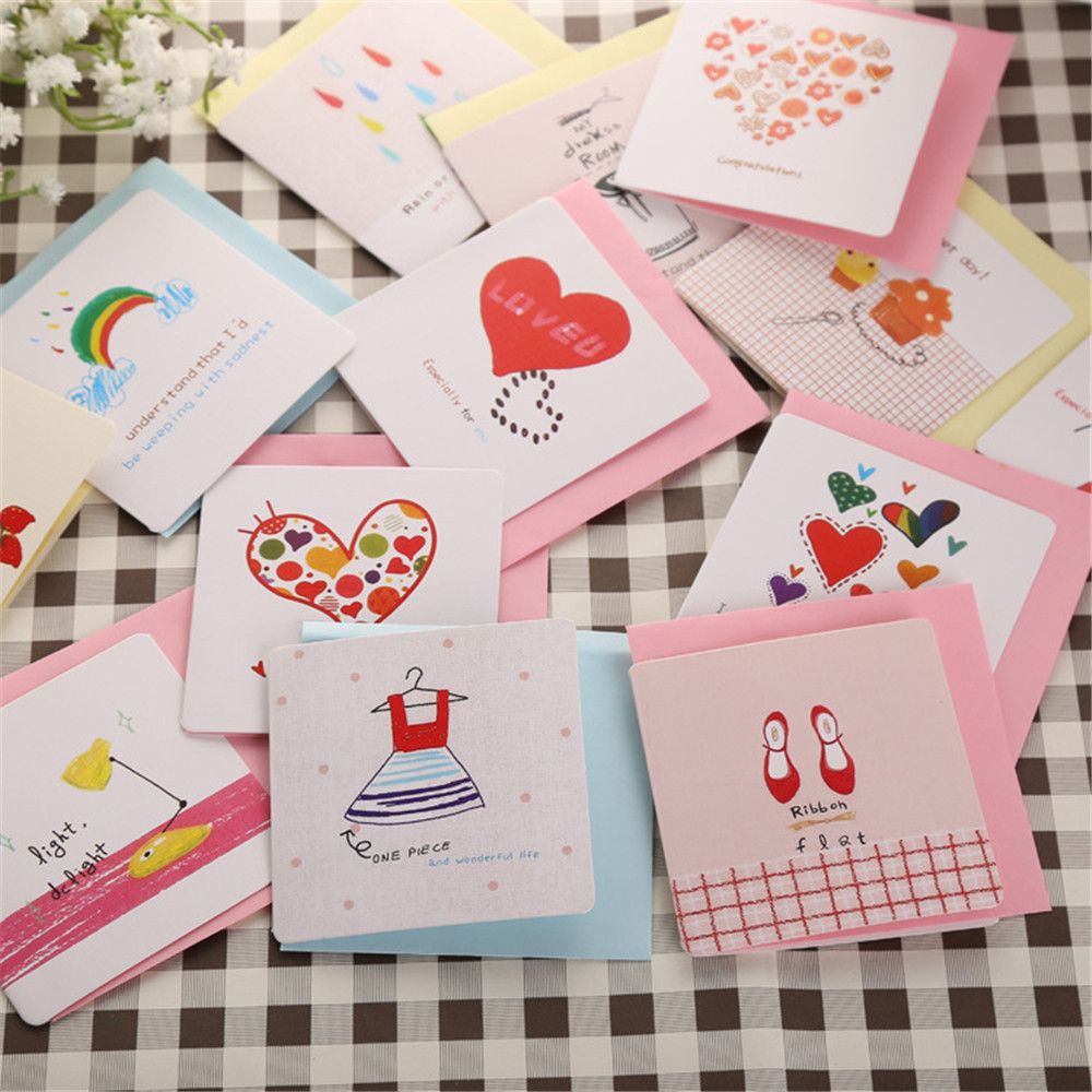 Juego de 10 tarjetas + 10 sobres, Mini tarjeta de felicitación, letra linda de la historieta, juego de papel Kawaii, tarjeta de cumpleaños, tarjeta de papel de escritura