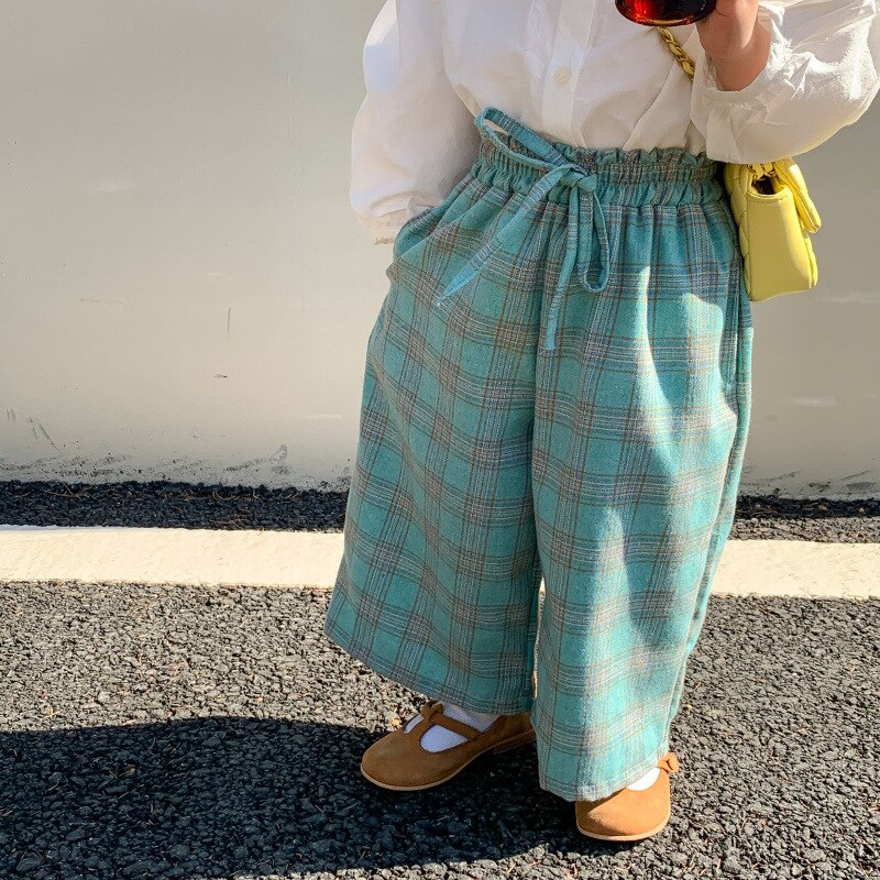 Pantalones de pierna ancha holgados a cuadros para niña, informal Pantalón recto de algodón, a la , de 1 a 7 años, novedad de primavera: Light Green / 7 años