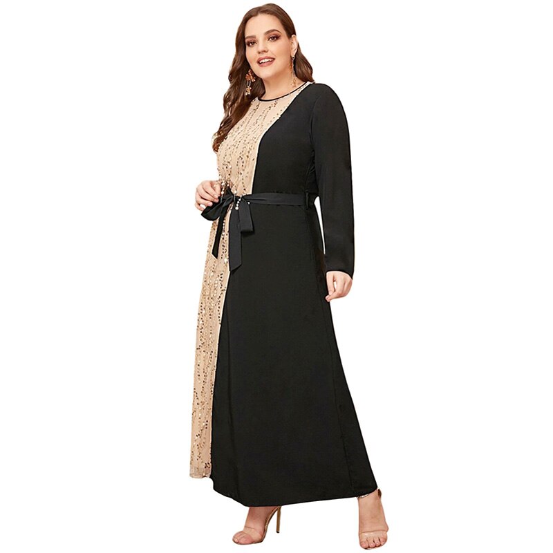 Lovertjes Contrast Patchwork Elegante Partij Jurk Plus Size 5XL Vrouwen Zomer Lange Mouwen Casaul Jurk Maxi Lange Moslim Jurken