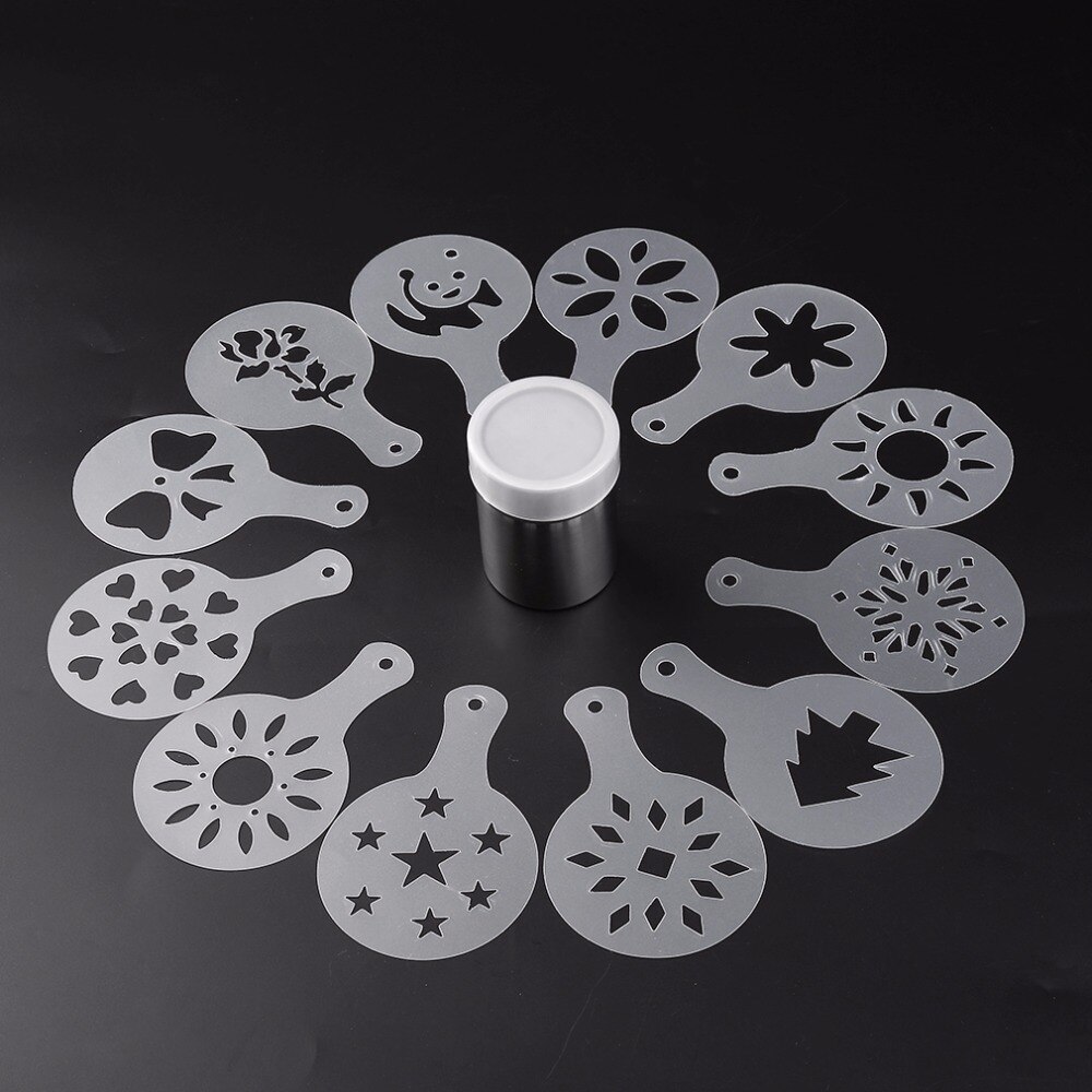 Rvs Chocolade Shaker Cacao Meel Koffie Zifter + 12 Stuks Koffie Stencils Template Strooit Pad Duster Spray