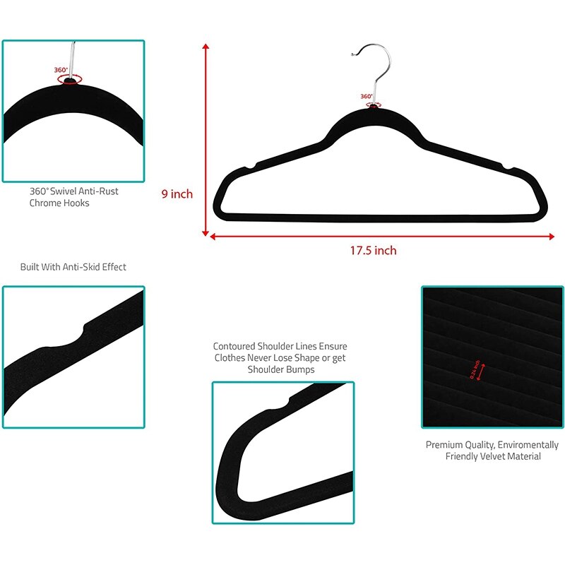 Premium Non Slip Velvet Hangers - Heavy Duty - Coat Suit Hangers - Black ( 25 Pack )