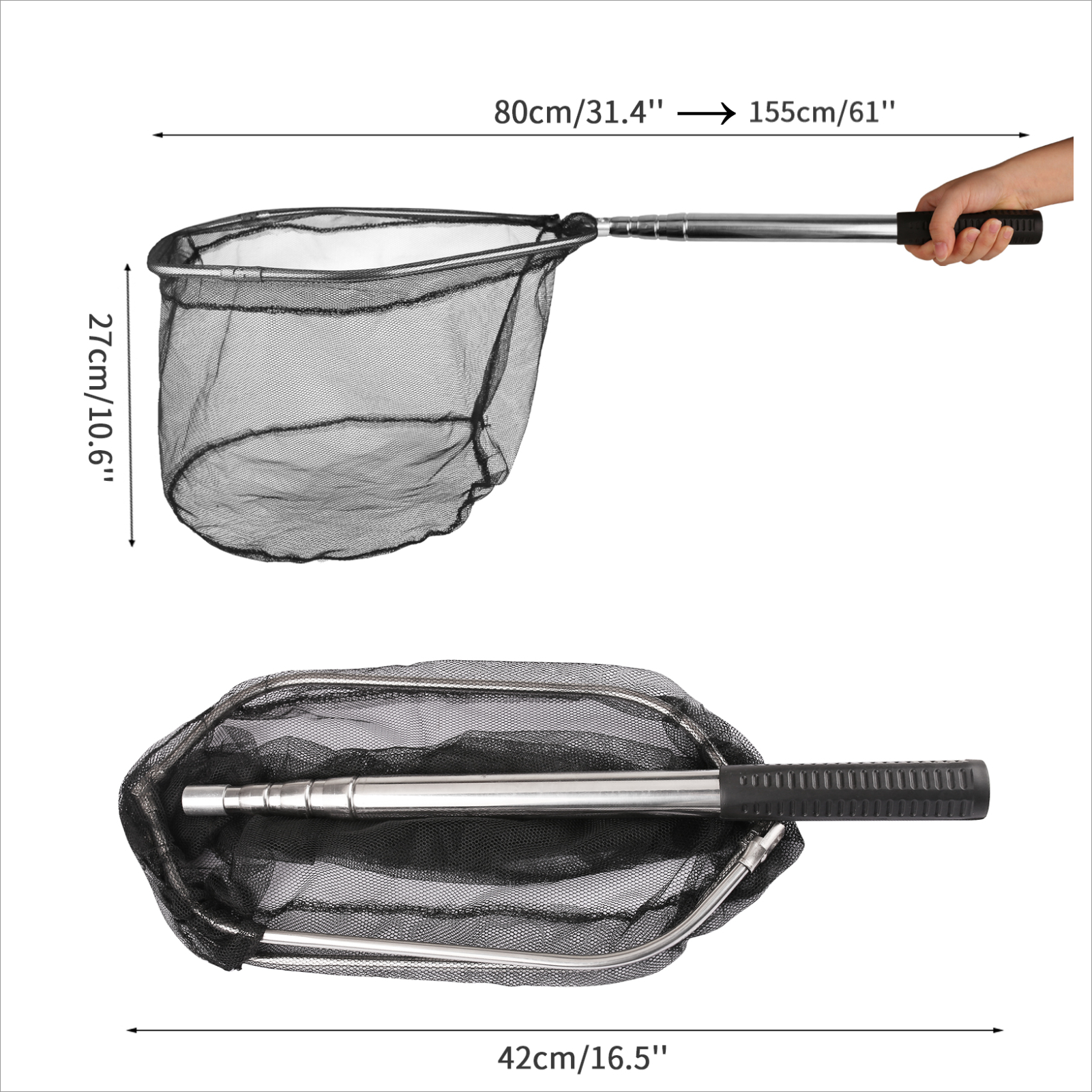 Fishing Landing Net Aluminum Alloy Durable Telescoping Extend to 190cm/130cm/55cm Folding Mesh Safe Fish Catching Releasing: Light Grey