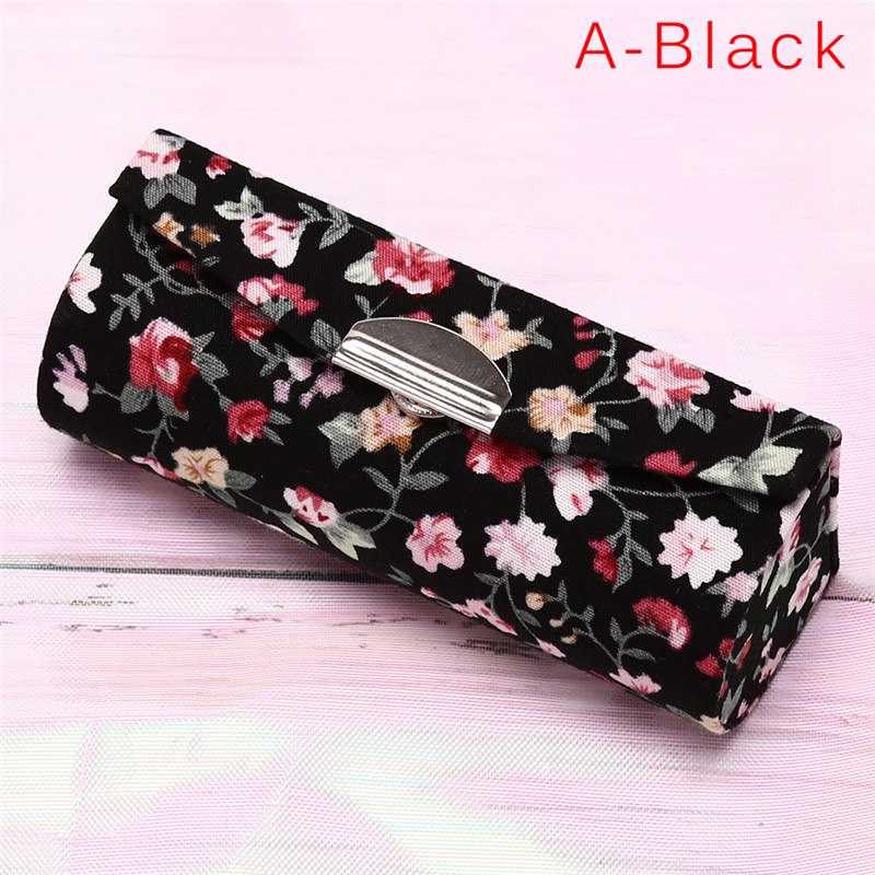 Blomsterudskrivning læbestift æske enkelt læbestift opbevaring taske kosmetiske tasker med spejl kvinder makeup opbevaring boks: A-sort