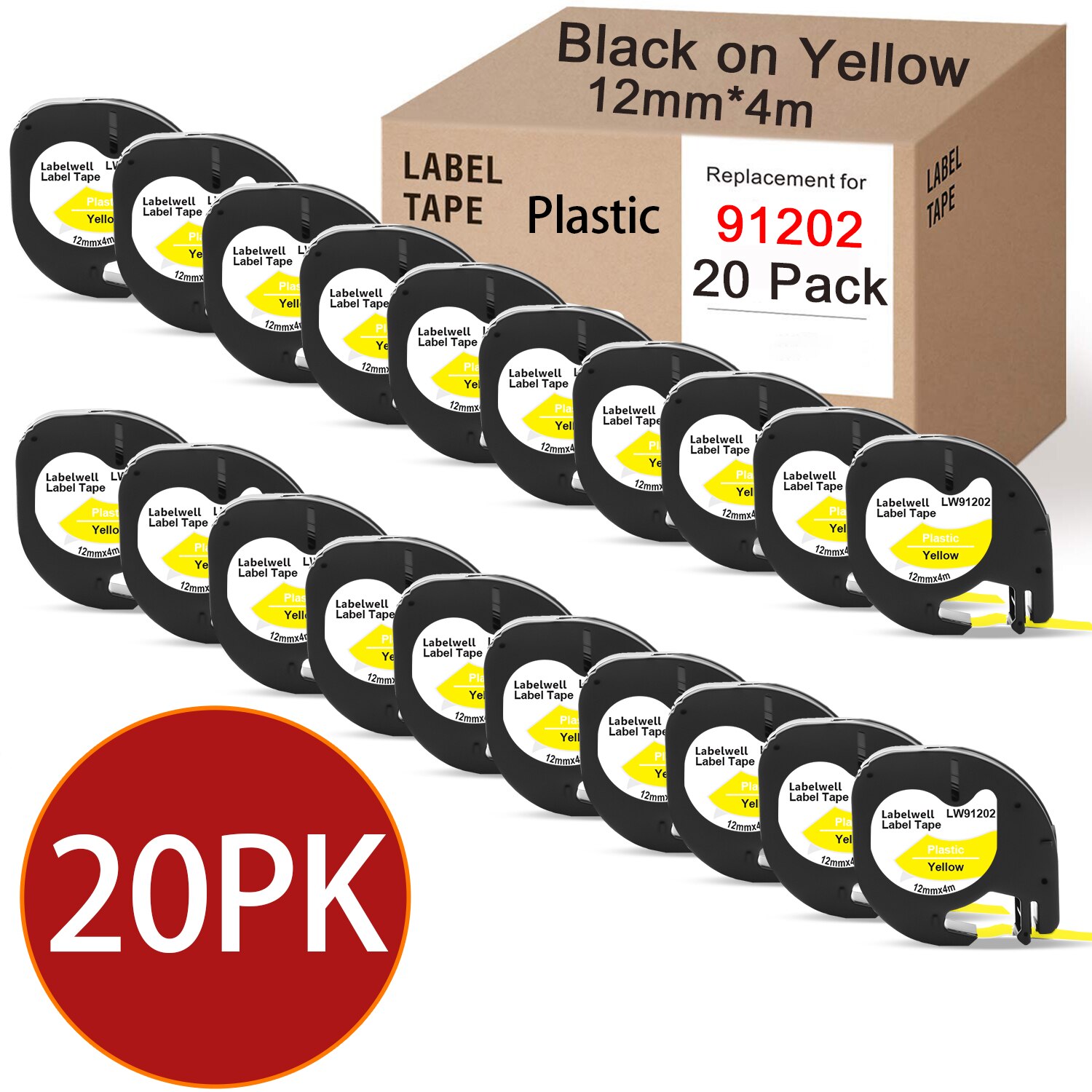 20Pcs 12267 Compatibel Dymo Letratag 91201 Zwart Op Witte Plastic Label Voor Dymo LT-100H Label Maker Eva LT100H Eva printer Case: 20PK Black on Yellow