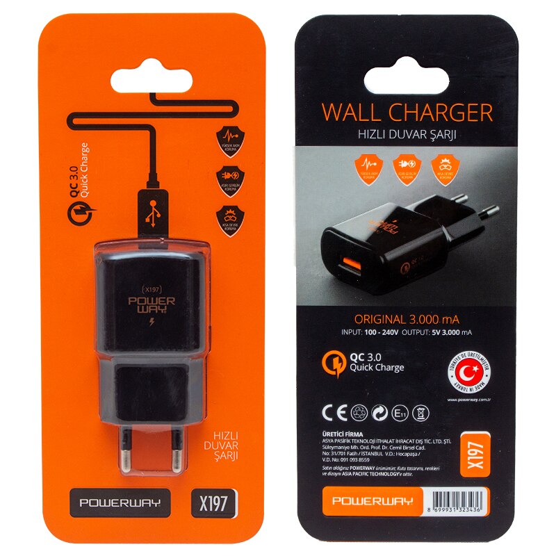 POWERWAY X-197 JETBLACK 5 VOLT 3000 MA USB FAST CHARGER HEAD TITLE ADAPTER