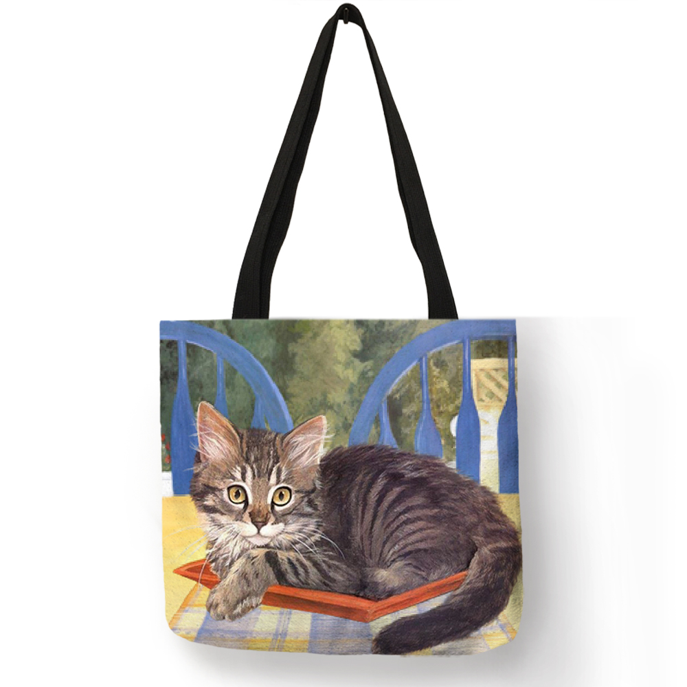 Eco Linnen Herbruikbare Boodschappentas Met Olie Kat Schilderen Vrouwen Mode Tote Bag Handtassen Student Reizen Schooltassen: 005