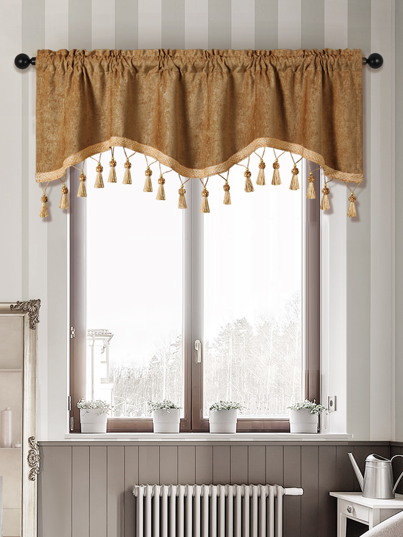 1Pc Eenvoudige Europese Stijl Gordijn Valance Voor Woonkamer, Staaf Zak, S-Vormige Valance Met Kwastjes Voor Raam Decor: Bruin