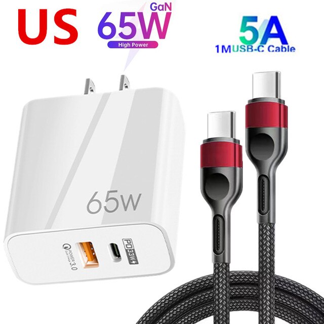 65W Gan Charger Dual Poorten Qc 3.0 Pd 3.0 Quick Charge Snel Opladen Voor Iphone 12 Pro Samsung Type C Pd Usb Mobiele Telefoon Oplader: US Charger cable