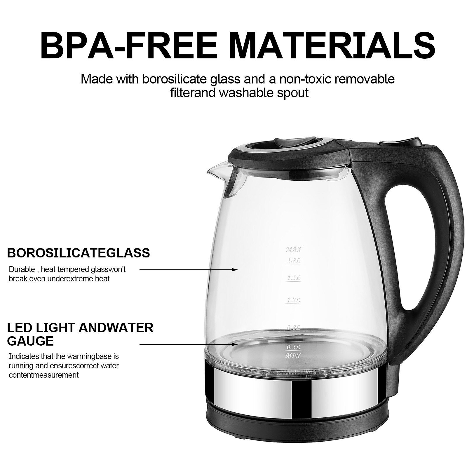 Portable Electric Glass Kettle 1.7L with Blue LED Light and Stainless Steel Base