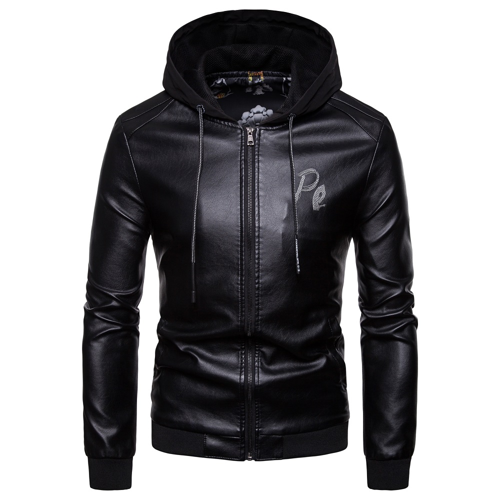 Men Leather Jacket Motorcycle Slim Leather Coat Men's British Style Hooded Leather Coat: Black / L