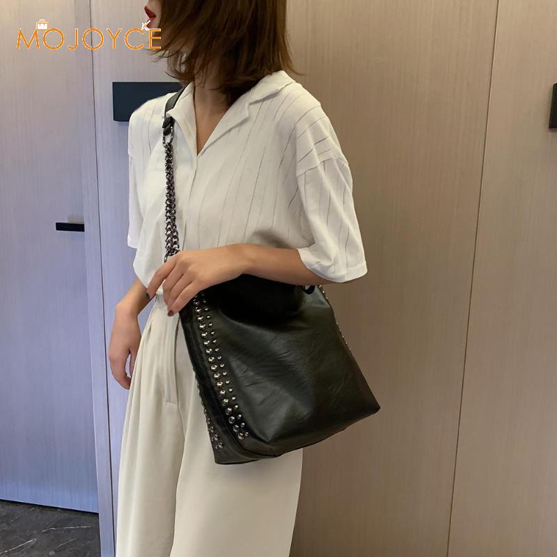 Retro Large Capacity Tote Bag Women Chain Rivet Shoulder Bags Women Leather Crossbody Bag Solid Color Bag Bead