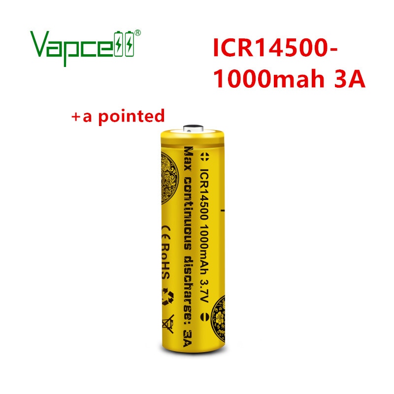 Vapcell-batería recargable de litio para linterna, mini batería original de 3,7 V, 14500 mah, 3A, botón superior (añadir una punta)