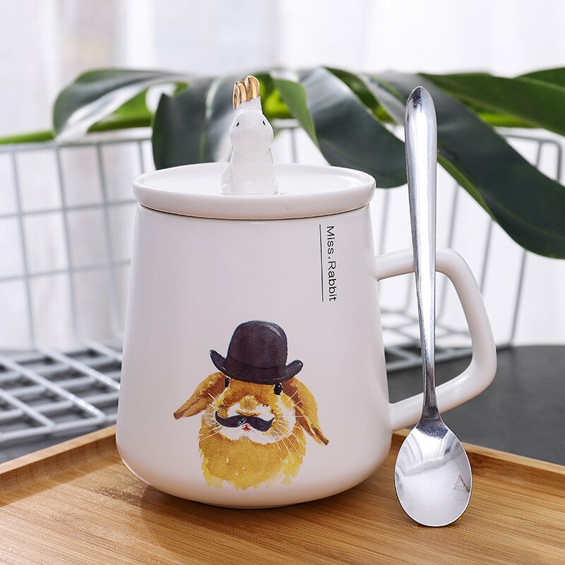 450ml cartoon konijnen keramische mok met deksel lepel handbeschilderde koffiemok melkbeker voor student jongen meisje: B