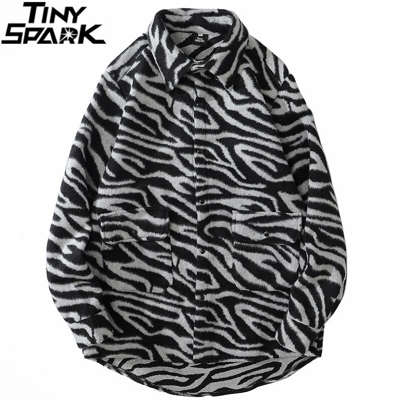 Vintage Retro Flannel Shirt Men Hip Hop Streetwear Zebra Striped Shirt Harajuku Cotton Fleeve Long Sleeve Shirt Casual Thick