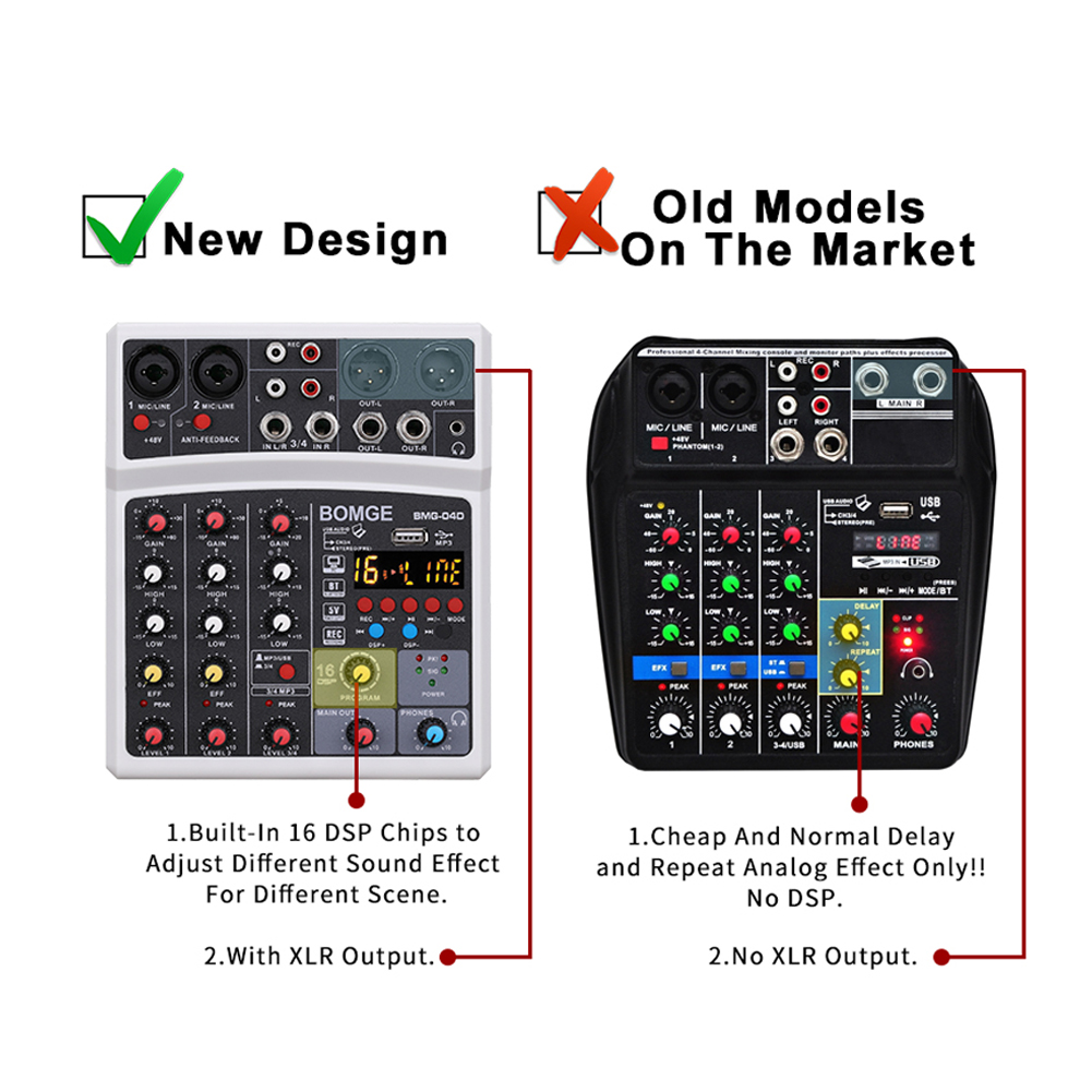 Wireless 4 Channels Audio Sound Mixer Mixing DJ Console USB Interface Sound Card with 48V Phantom Power 16 DSP Effects
