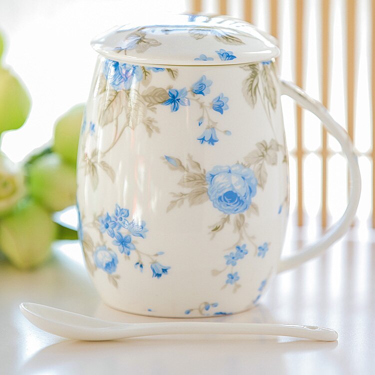 Fresh garden style Bone China Mug Country Style Milk mug Safe No Lead Anvanced Ceramic Coffee with Spoon with Lid