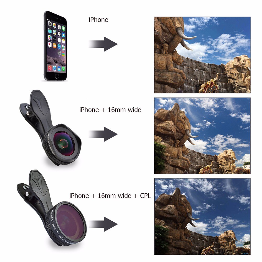 APEXEL-Kit de lentes de cámara Pro, 16mm, 4K, lente gran angular con filtro CPL, 2 en 1, HD, Clip Universal, para teléfono, iPhone, Xiaomi, Samsung