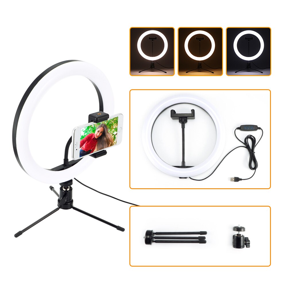 Dimmable LED Studio Camera Ring Light Photo Phone Video Light Lamp With Tripods Ring Table Fill Light