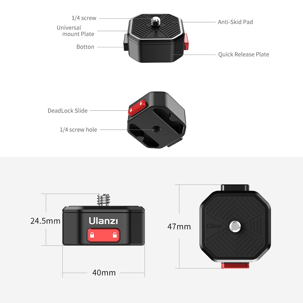 Ulanzi Claw Quick Release Plate Mini QR Plater with 1/4 Inch Screw 50kg Load Bearing for DSLR Camera