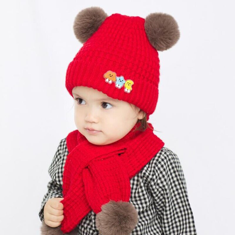 Doitbest 1 to 4 år gammel vinterhue til børn baby pels kugle strik hatte vinter 2 stk dreng pige hat tørklæde sæt: Rød