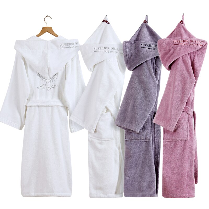 Invierno Albornoz de algodón de los hombres con capucha hombre ropa de dormir traje de franela amantes túnica gruesa de manga larga suave cálido Albornoz de hombre blanco