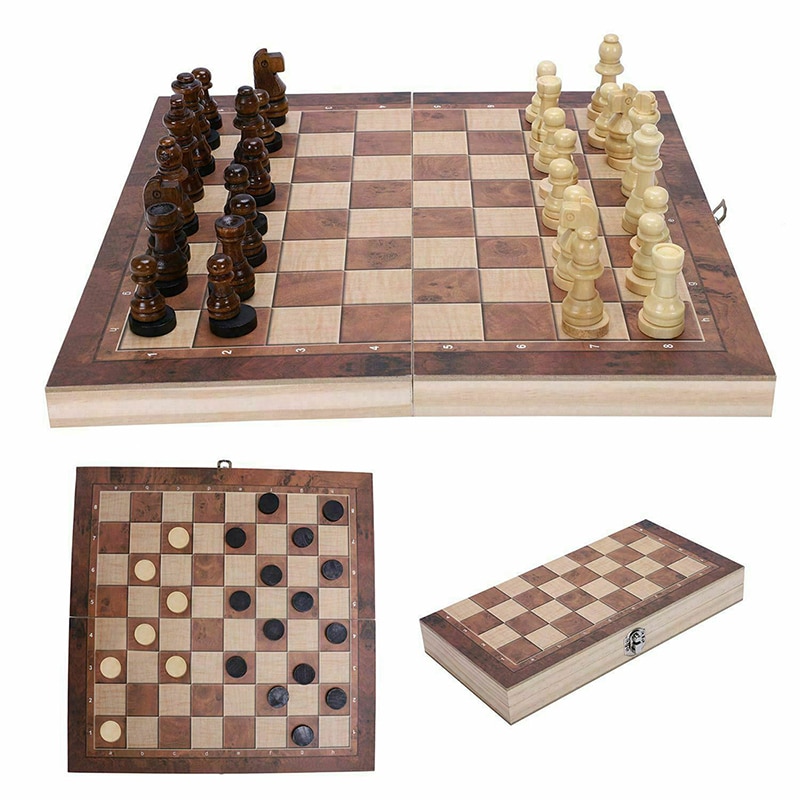 1Day Large Wooden Folding Chess Set Wood folding 3-in-1 chess natural log environmental paint work chess