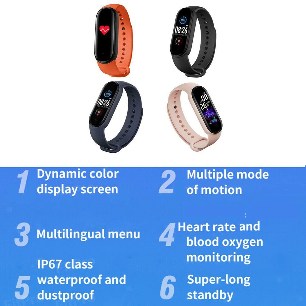 M5 Smart Horloge Mannen Vrouwen Hartslagmeter Bloeddruk Fitness Tracker Smartwatch Band 5 Sport Horloge Voor Ios Android