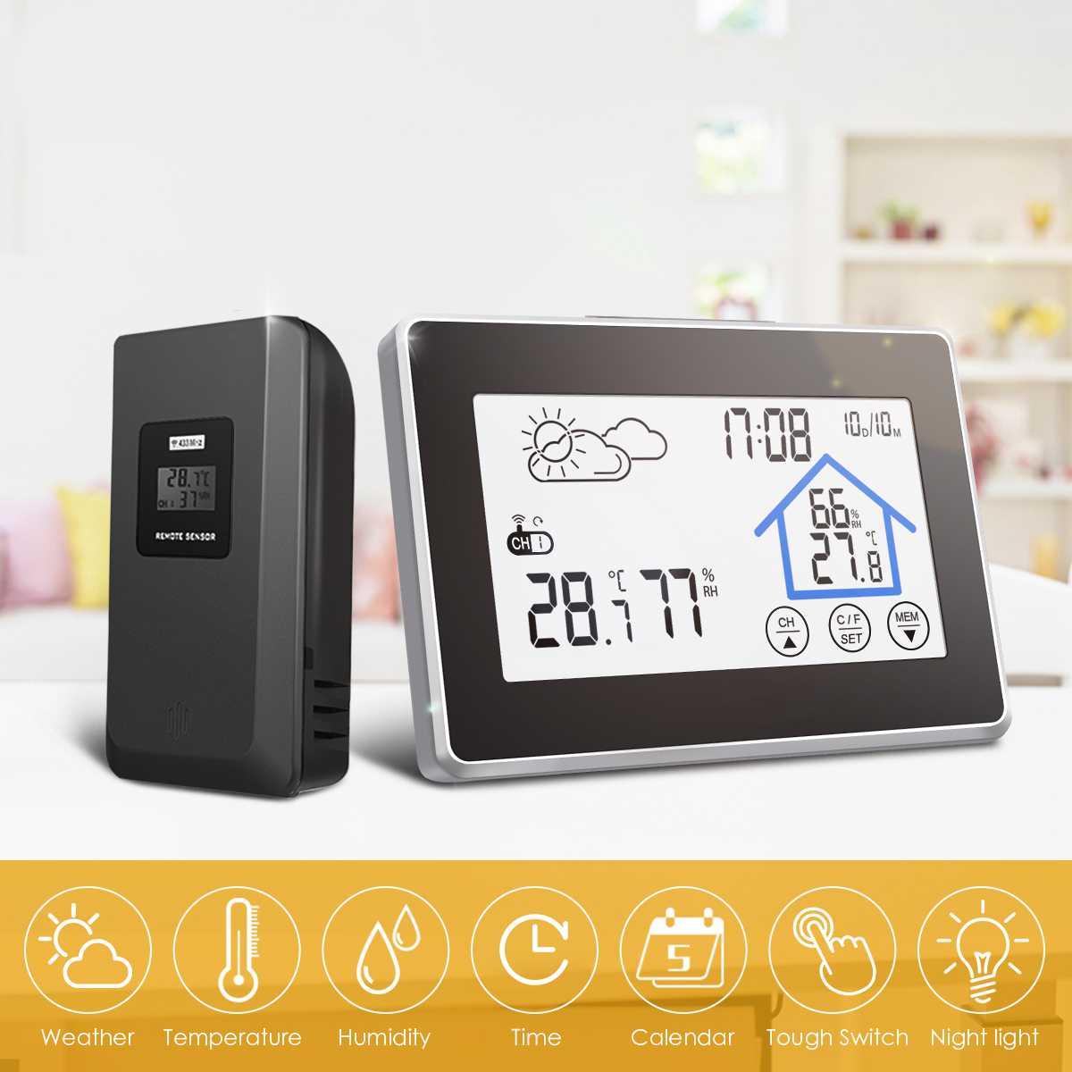 Digoo DG-TH8380 Thermomètre sans fil Hygromètre Station météo à écran tactile avec thermomètre Capteur de prévision extérieur Horloge Réveil Capteur de température