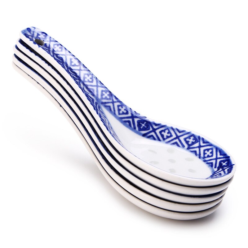 5Pcs China Chinese Stijl Keramische Lepel Kinderen Rijst Lepel Keuken Servies Roer Lepel Soep Lepels Blauw Diner Voor kids
