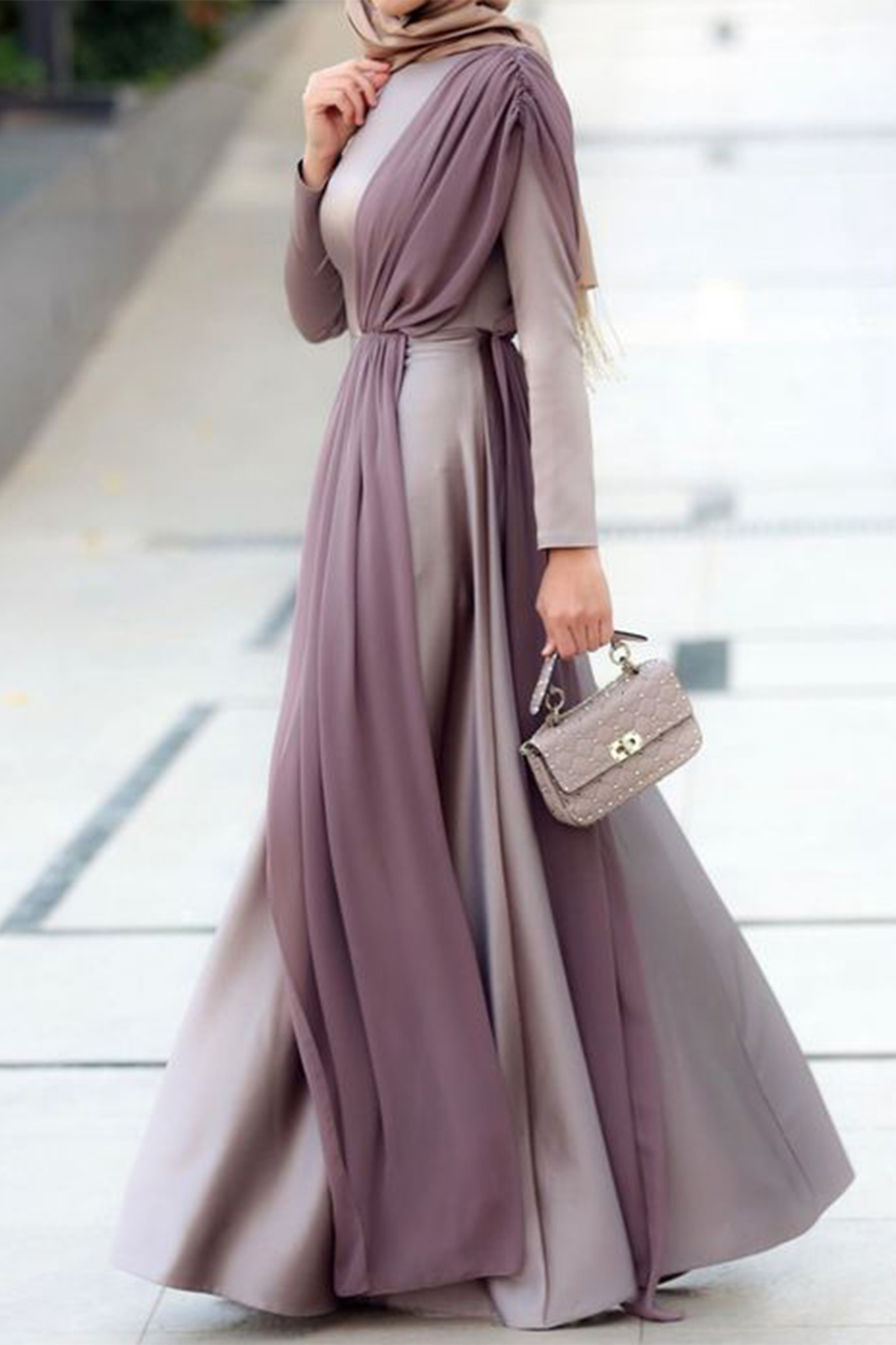 Muslim Abaya Robe Women Dresses Pleated Patchwork Long Sleeve Maxi Dress: XL