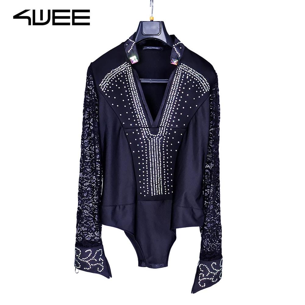 Ballroom Latin Dance Shirts Male Black Long Sleeve Lace V Collar Shirt Men Samba Cha Cha Dancing Tops Performance Wear: Black / M