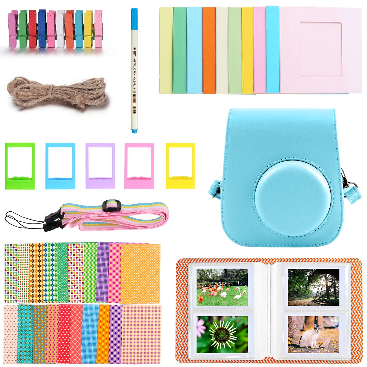 40 stk kamera tilbehørssett med pu tilfelle fotoramme album klistremerker stropp til fujifilm instax mini 11 umiddelbar kamera: Blå