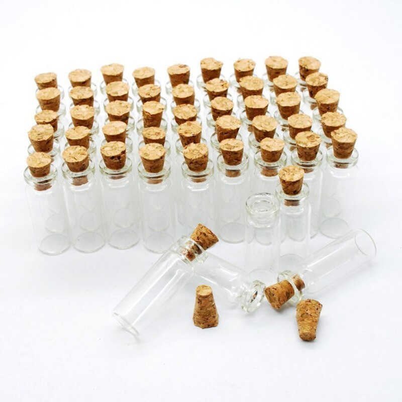 Botella de vidrio transparente pequeña, tapón de corcho, 1ml, 10 Uds.