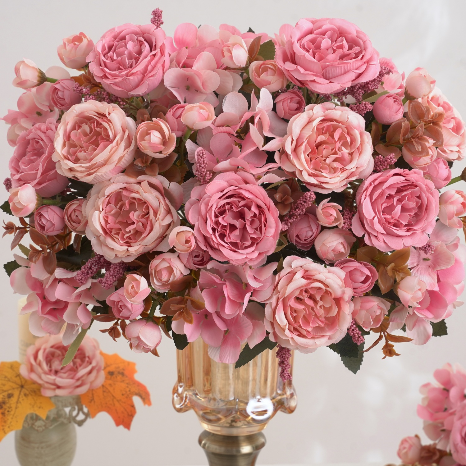 1/5 PCS Vibrant Autumn Artificial Peony & Hydrangea Bouquet | Fall Floral Arrangements for Wedding, Home, Room Party Decor: Rose Red