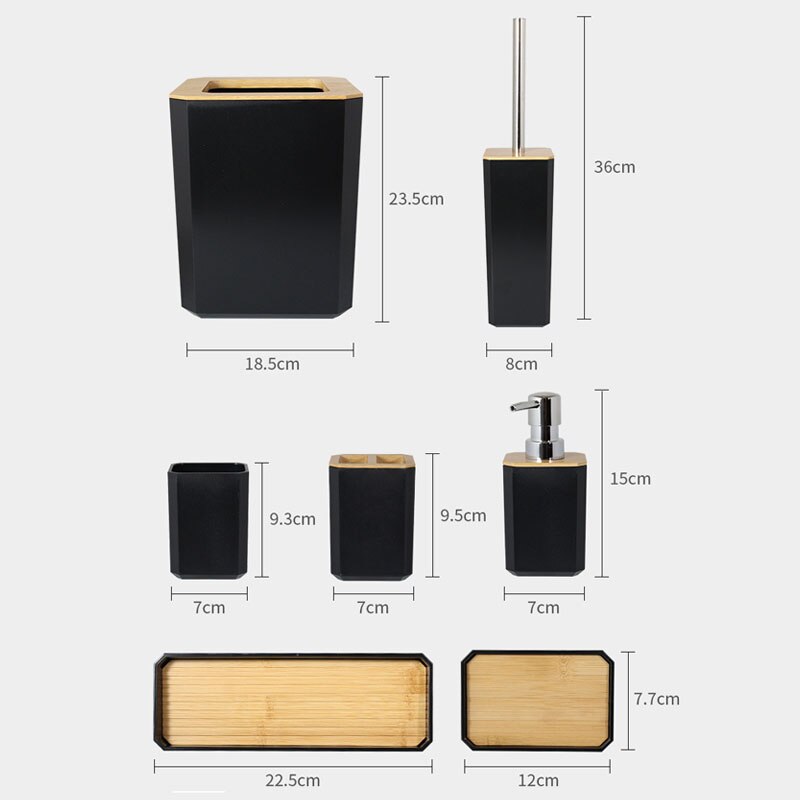 Bamboe Badkamer Accessoires Set Plastic Badkamer Kit Zeep Dispenser, Tandenborstel Beker, Zeepbakje, Toiletborstel Houder, prullenbak