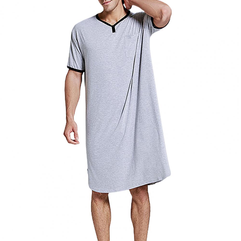Men Short Sleeve O Neck Pocket Nightdress Loose Knee-length Nightgown Homewear Loose Knee-length Nightgown Homewear