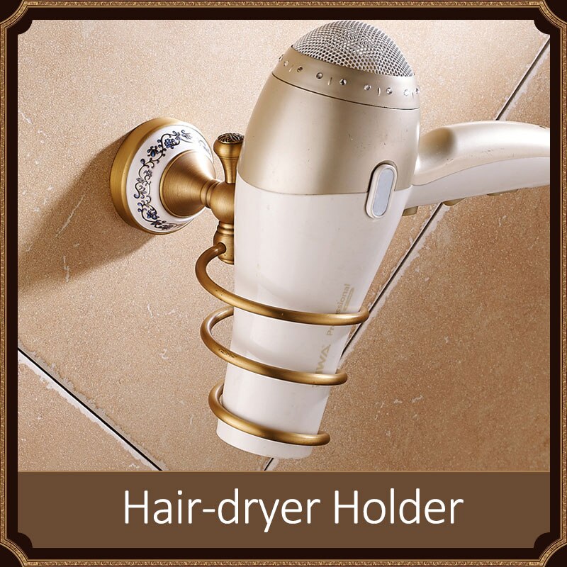 Quyanre Antique Brushed Brass & Porcelain Bathroom Hardware Towel Shelf Towel Bar Paper Holder Cloth Hook Bathroom Accessories: Hair Dryer Holder